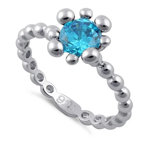 Ladies heart-shaped ring-Sterling Silver Beaded Blue Topaz Round CZ Ring