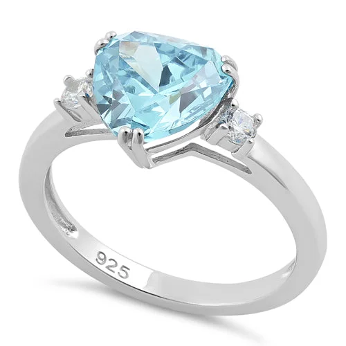 Ladies emerald ring-Sterling Silver Trillion Cut Aqua Blue CZ Ring