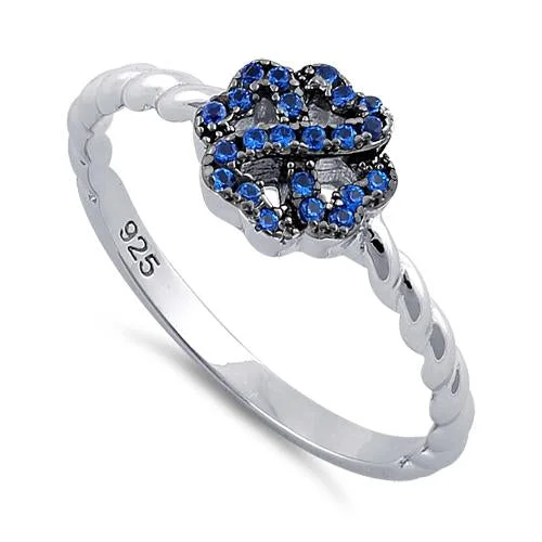 Ladies custom design ring-Sterling Silver Four Leaf Clover Heart Shaped Blue CZ Ring