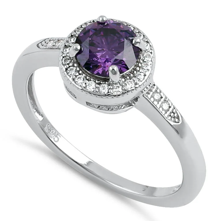 Ladies wedding set with diamonds-Sterling Silver Elegant Round Halo Amethyst CZ Ring