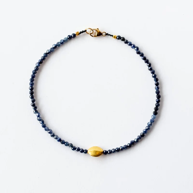 Ladies gold stackable bracelet-Margaret Solow | Blue Sapphire Beaded Bracelet with Gold Bead