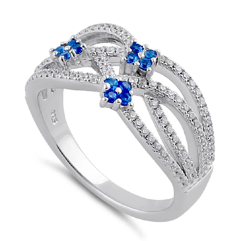 Ladies gold eternity ring-Sterling Silver Blue Spinel and Clear CZ Twisted Flower Ring