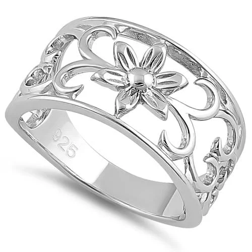 Ladies large diamond ring-Sterling Silver Flower & Hearts Ring