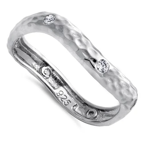 Ladies custom ring-Sterling Silver Wavy Hammered Clear CZ Ring