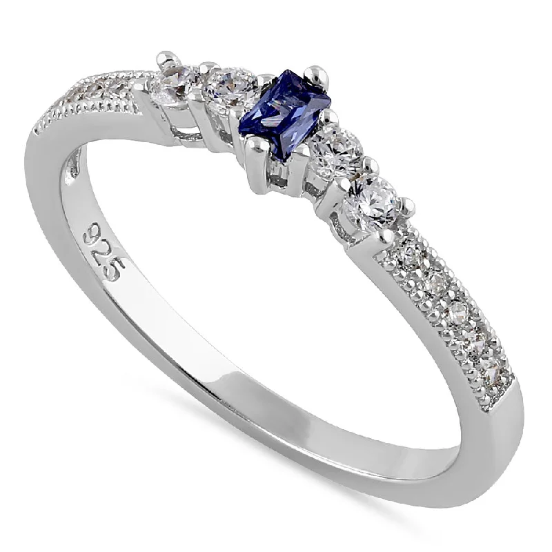 Ladies wedding and engagement ring set-Sterling Silver Emerald Cut Dark Tanzanite CZ Ring