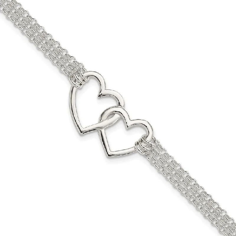 Ladies gold chain bracelet-925 Sterling Silver 3-strand Heart Bracelet, 7" w/0.5in Extender