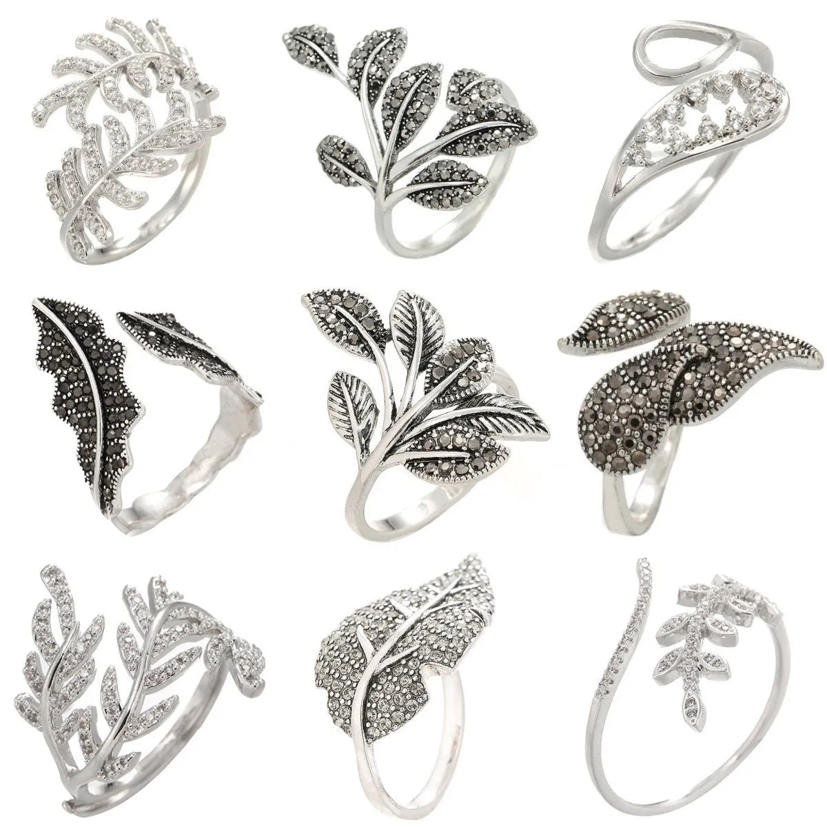 Ladies unique design ring-Antique Silver Elegant Leaf Inlay Zircon Open Rings