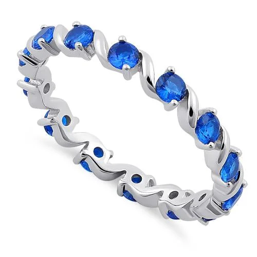 Ladies platinum ring-Sterling Silver Swirl Blue Spinel Eternity CZ Ring