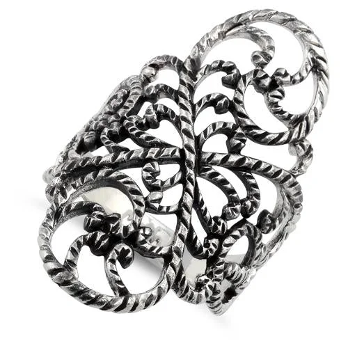 Ladies personalized gold ring-Sterling Silver Filigree Floral Rope Ring