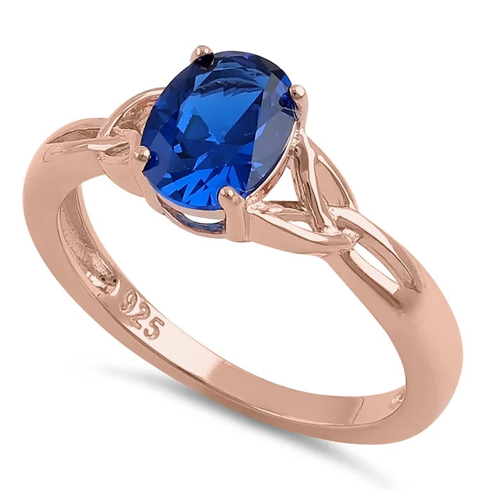 Ladies diamond halo ring-Sterling Silver Rose Gold Plated Charmed Oval Blue CZ Ring