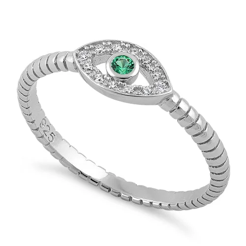 Ladies cushion cut diamond ring-Sterling Silver Emerald Stone Evil Eye CZ Ring