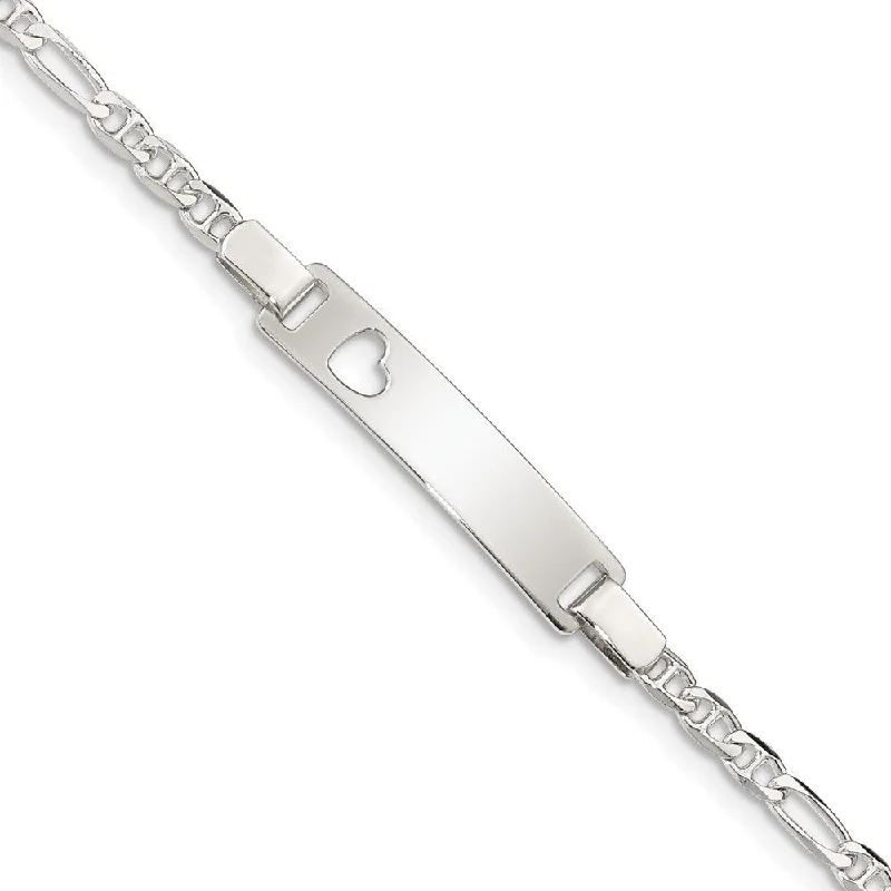 Ladies casual bracelet-925 Sterling Silver 3mm Baby Figaro ID with Cut-out Heart Bracelet