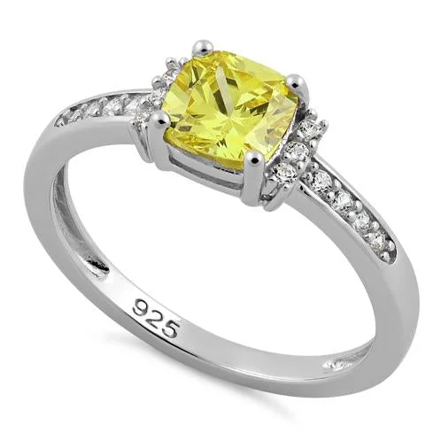 Ladies luxury platinum ring-Sterling Silver Cushion Yellow CZ Ring