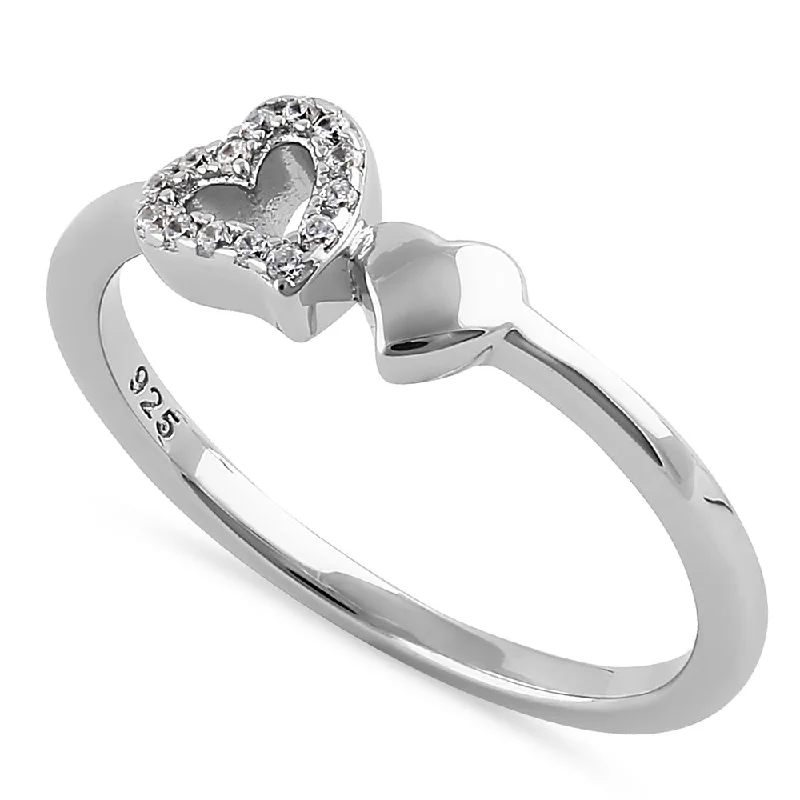 Ladies wedding set with diamonds-Sterling Silver Dainty Hearts Round Cut Clear CZ Ring