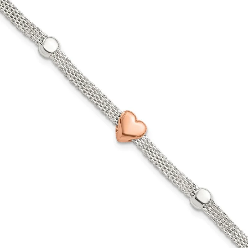 Ladies simple bangles-925 Sterling Silver Rose-plated Heart Bracelet, 7.25" (W-2.9mm)