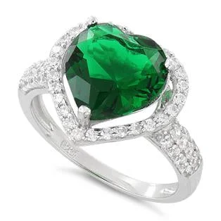 Ladies colored diamond ring-Sterling Silver Emerald Heart Halo CZ Ring