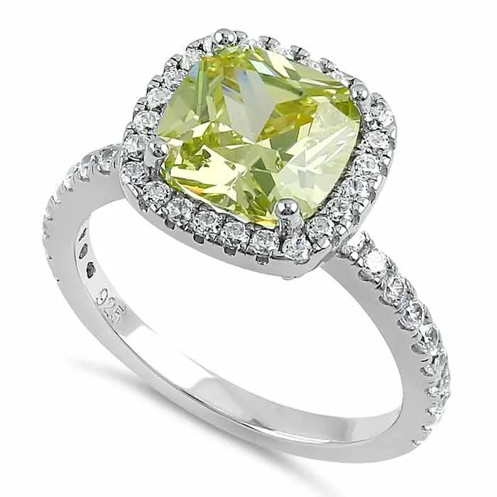 Ladies silver ring-Sterling Silver Cushion Cut Apple Green CZ Ring