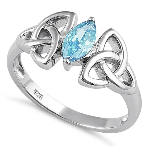 Ladies luxury diamond ring-Sterling Silver Double Triquetra Charmed Marquise Aquamarine CZ Ring