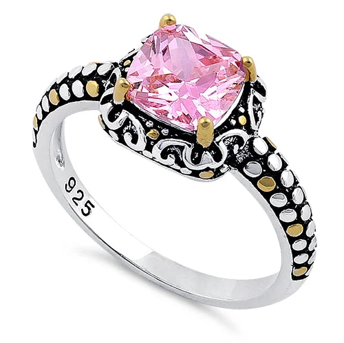 Ladies engagement ring set-Sterling Silver Celtic Pink Cushion CZ Ring